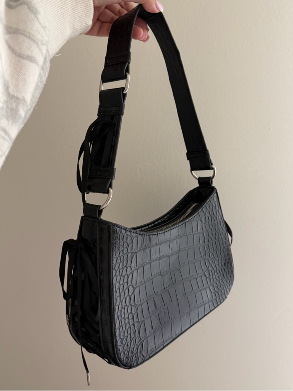 Black Croc-Embossed Shoulder Bag